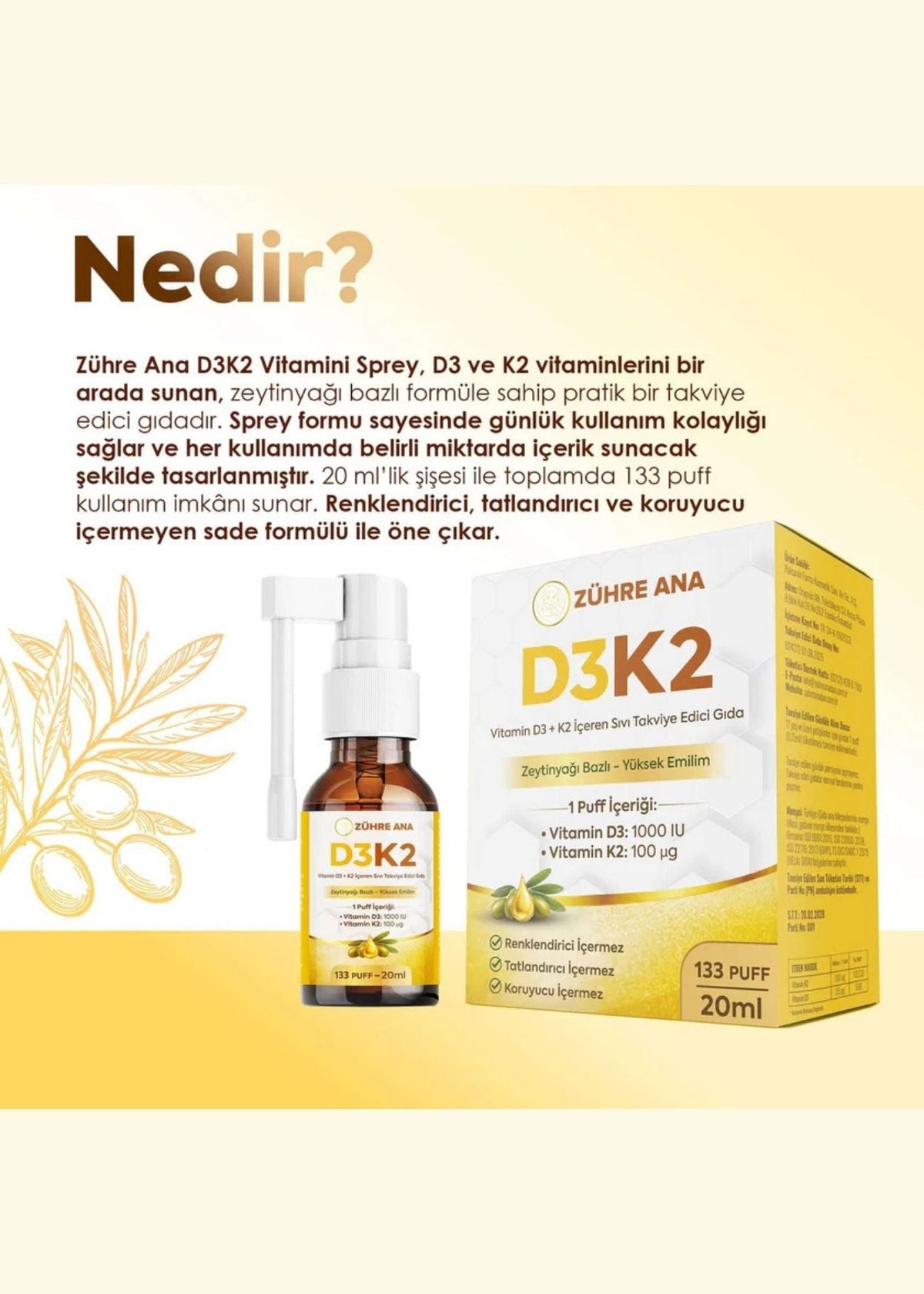 Zühre Ana Vitamin Flüssiges Nahrungsergänzungsmittel mit D3 & K2 – Spray 20 ml