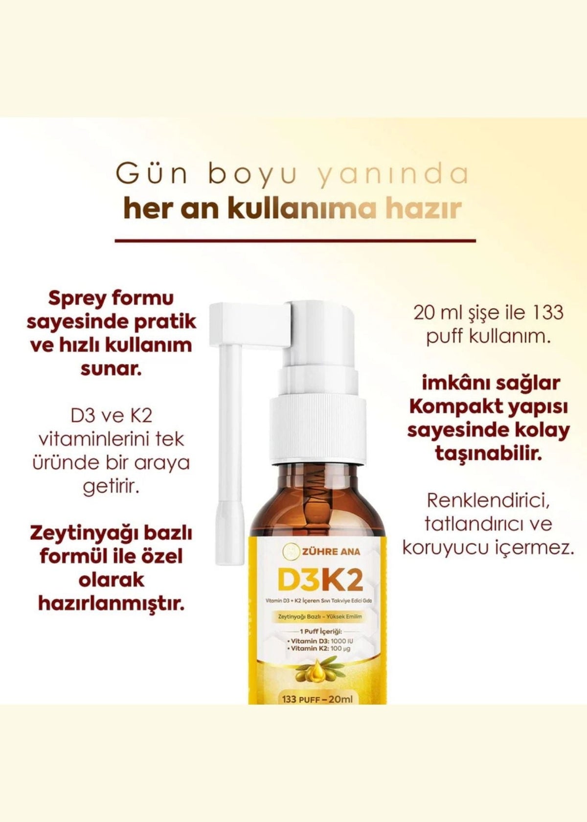 Zühre Ana Vitamin Flüssiges Nahrungsergänzungsmittel mit D3 & K2 – Spray 20 ml