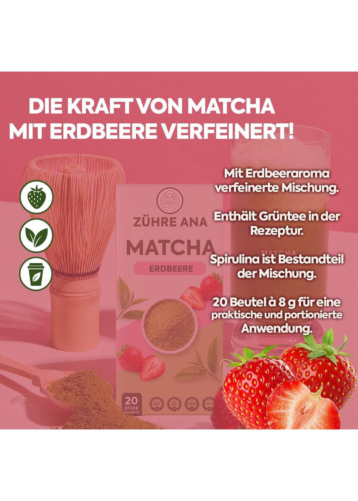 Zühre Ana Matcha Tee mit Grüntee & Spirulina (Erdbeeraroma) 20x8 g