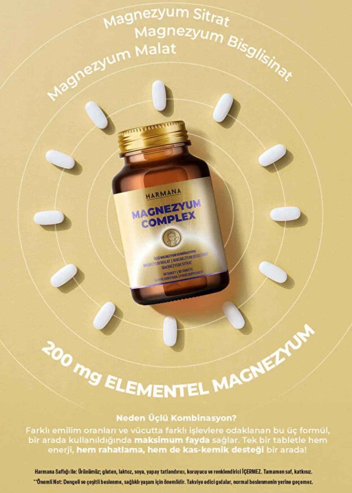 Harmana Magnezyum Complex (Bisglisinat, Sitrat, Malat) 60 Tabletten