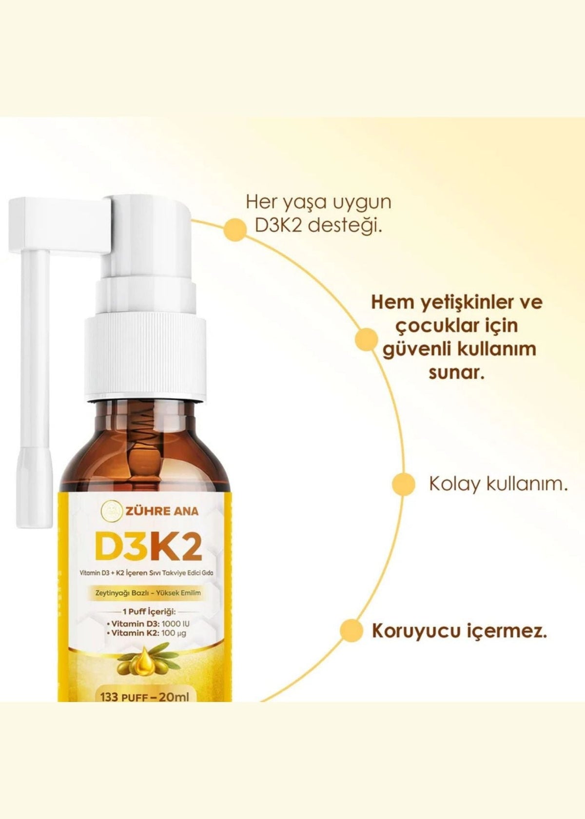 Zühre Ana Vitamin Flüssiges Nahrungsergänzungsmittel mit D3 & K2 – Spray 20 ml