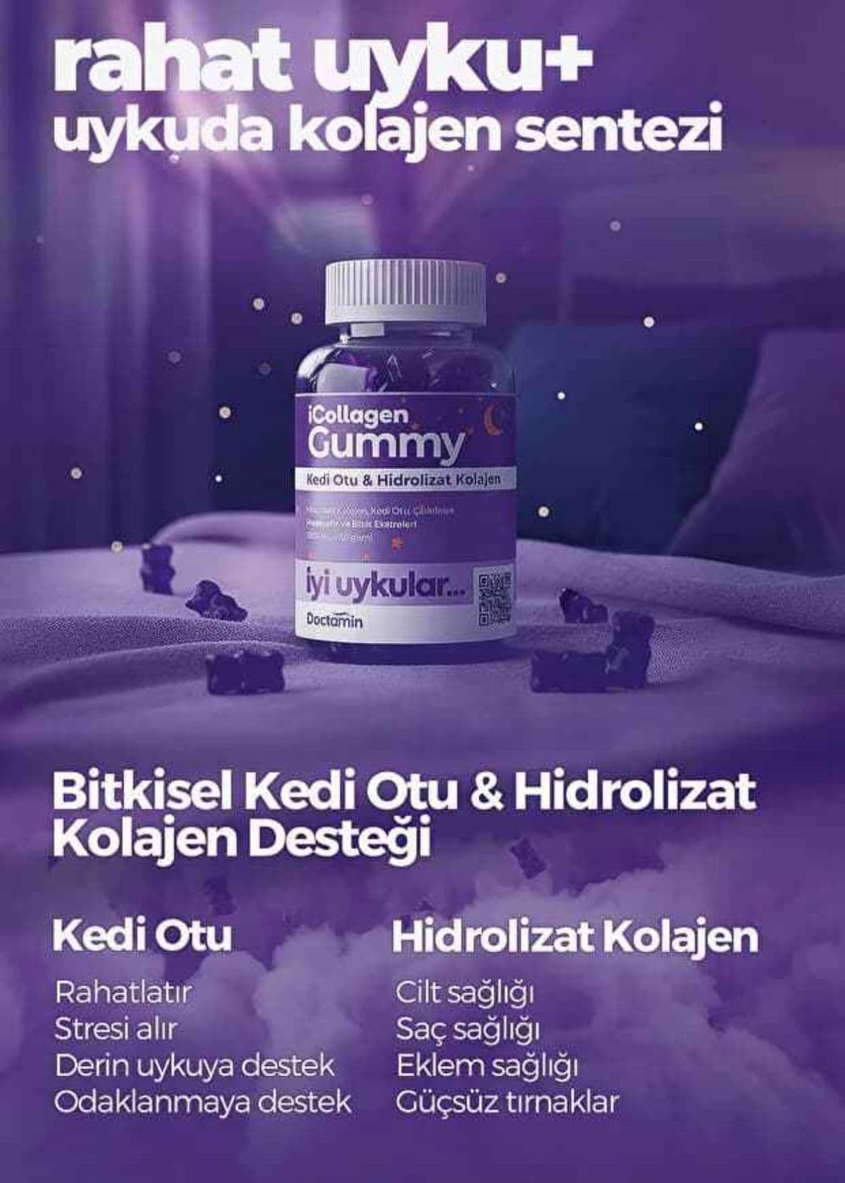 iCollagen İyi Uykular Kolajen Jelibonu - Kedi Otu & 5 Tip Kolajen 2,5mg x 60