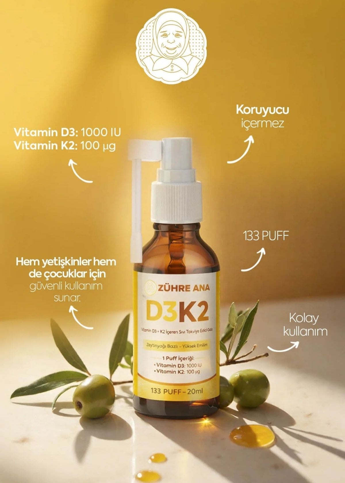 Zühre Ana Vitamin Flüssiges Nahrungsergänzungsmittel mit D3 & K2 – Spray 20 ml