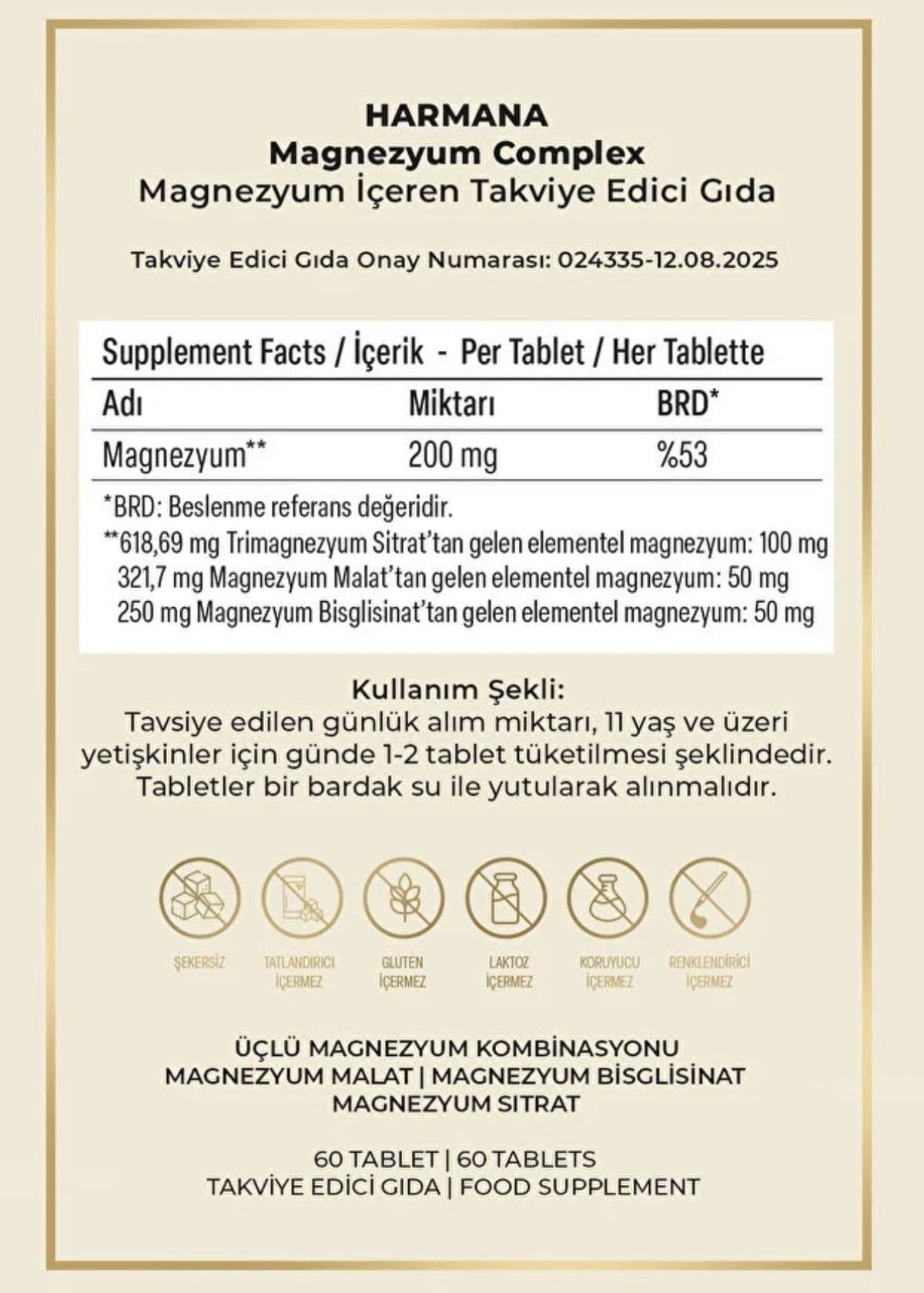 Harmana Magnezyum Complex (Bisglisinat, Sitrat, Malat) 60 Tabletten
