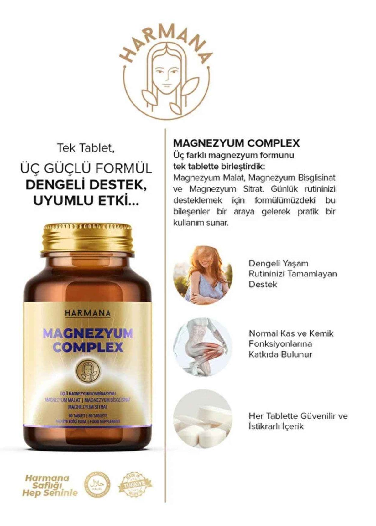 Harmana Magnezyum Complex (Bisglisinat, Sitrat, Malat) 60 Tabletten