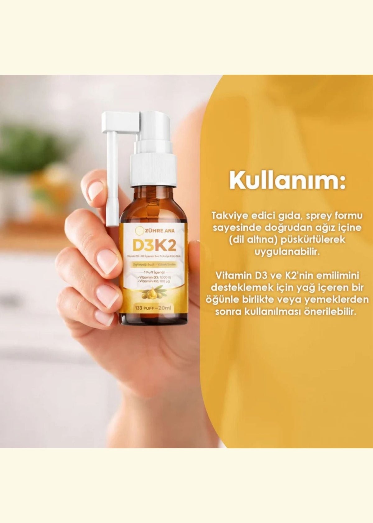 Zühre Ana Vitamin Flüssiges Nahrungsergänzungsmittel mit D3 & K2 – Spray 20 ml