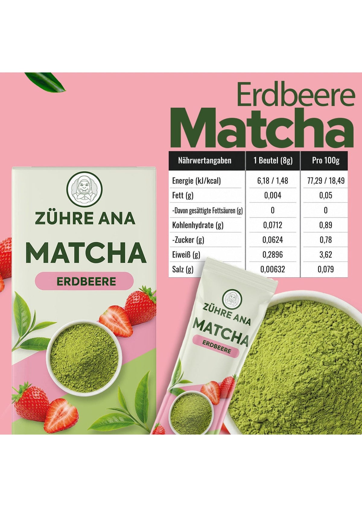 Zühre Ana Matcha Tee mit Grüntee & Spirulina (Erdbeeraroma) 20x8 g