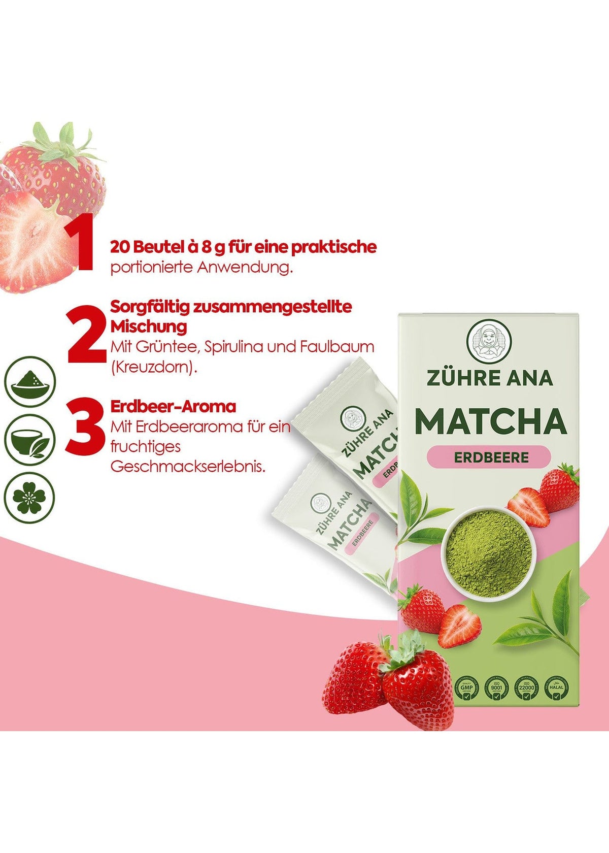 Zühre Ana Matcha Tee mit Grüntee & Spirulina (Erdbeeraroma) 20x8 g