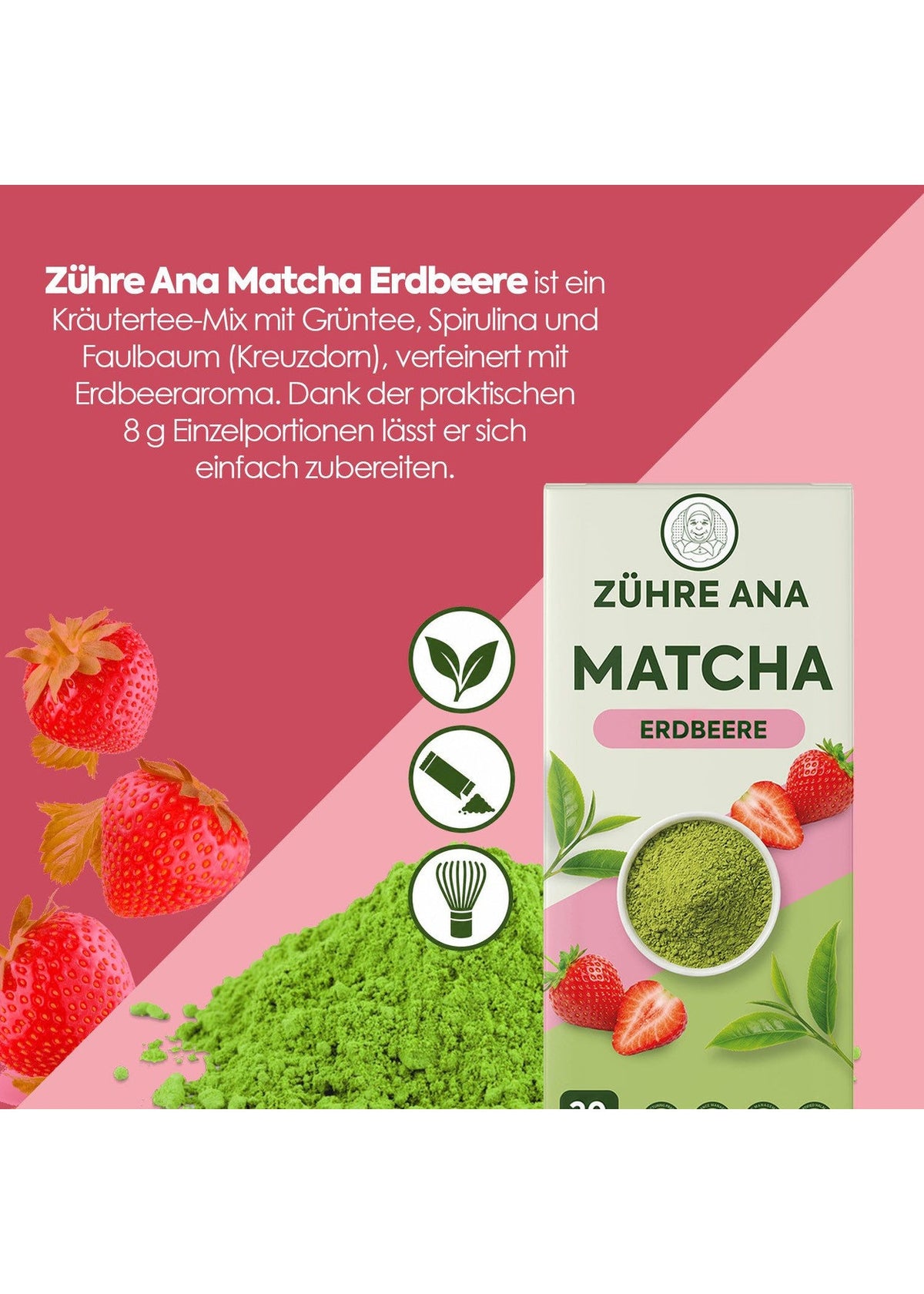 Zühre Ana Matcha Tee mit Grüntee & Spirulina (Erdbeeraroma) 20x8 g