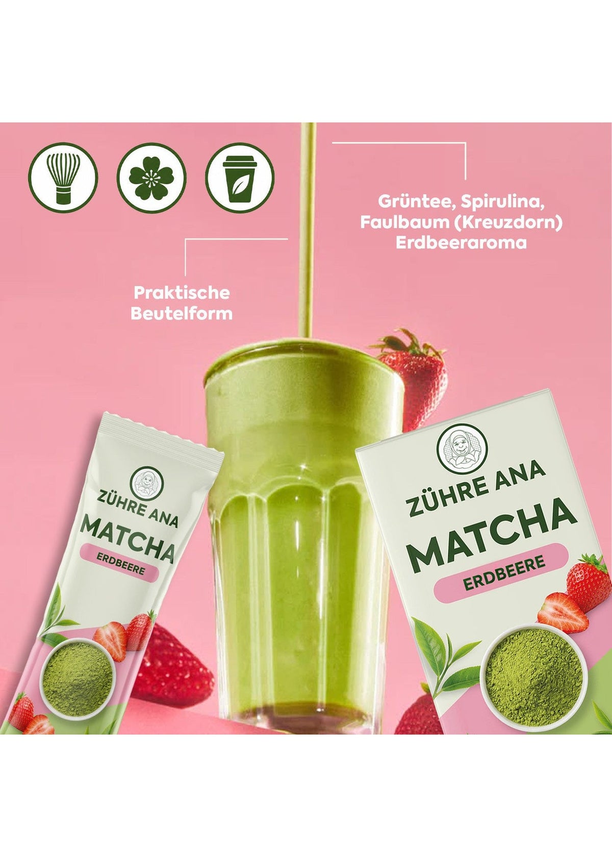 Zühre Ana Matcha Tee mit Grüntee & Spirulina (Erdbeeraroma) 20x8 g